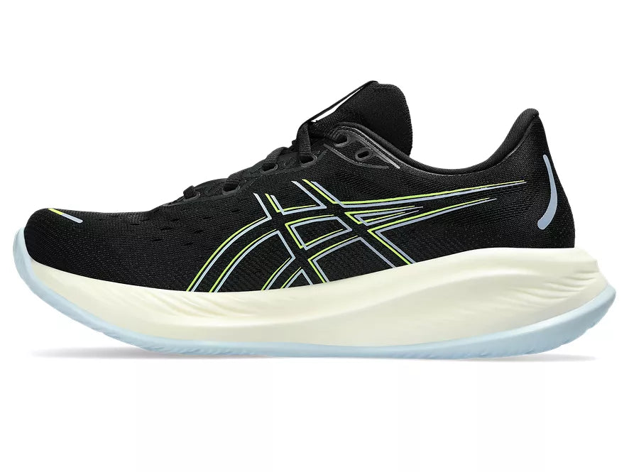 Men's Asics Gel-Cumulus 26. Black upper. Yellow midsole. Medial view.