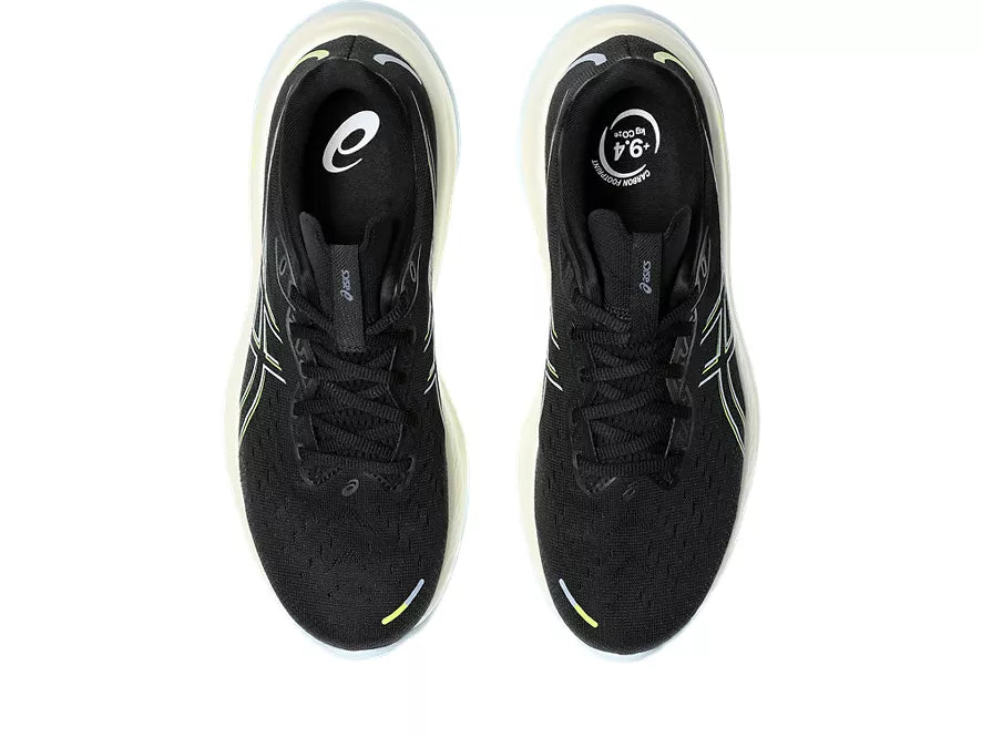 Men's Asics Gel-Cumulus 26. Black upper. Yellow midsole. Top view.