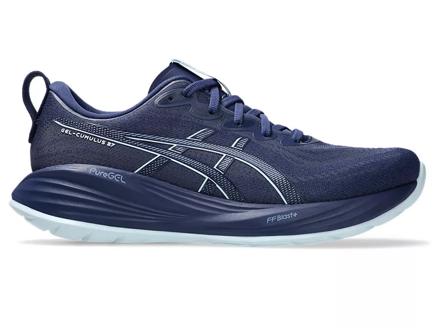 Men's Asics Gel-Cumulus 27. Blue upper. Blue midsole. Lateral view.