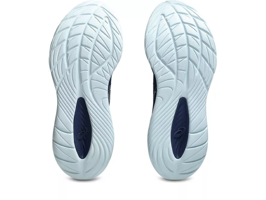 Men's Asics Gel-Cumulus 27. Blue upper. Blue midsole. Bottom view.