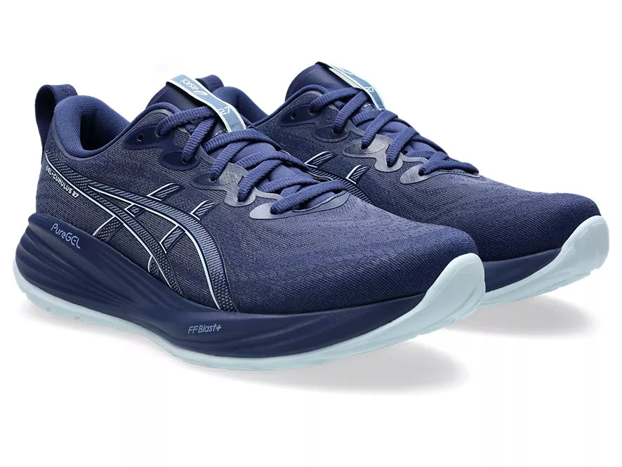 Men's Asics Gel-Cumulus 27. Blue upper. Blue midsole. Lateral view.