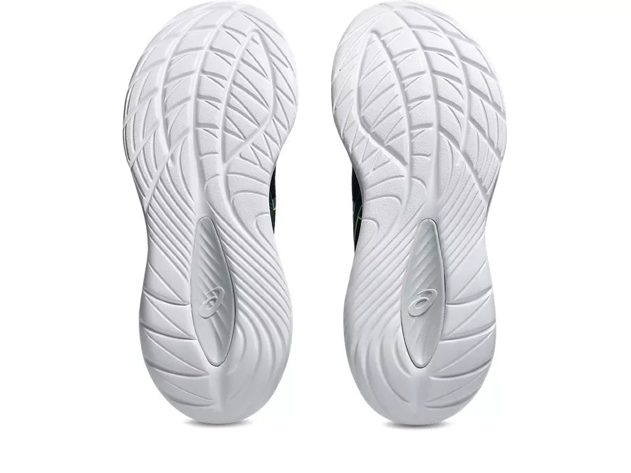 Men's Ascis Gel-Cumulus 27. Black upper. White midsole. Bottom view.
