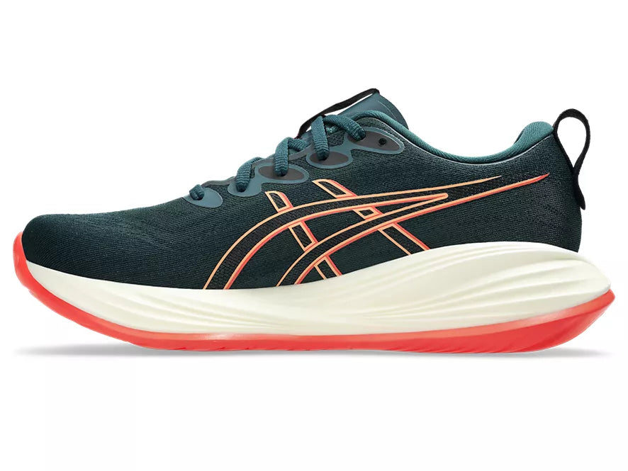 Men's Asics Gel-Cumulus 27. Dark Grey upper. Light Green midsole. Medial view.