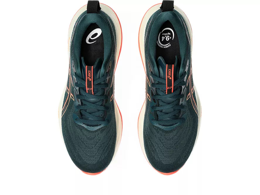 Men's Asics Gel-Cumulus 27. Dark Grey upper. Light Green midsole. Top view.