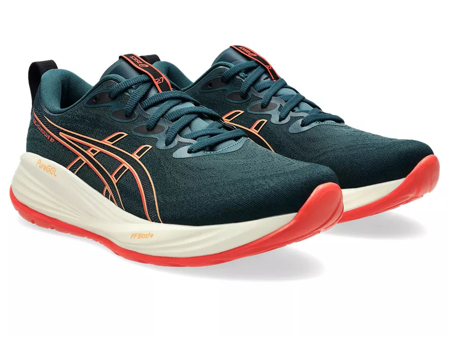 Men's Asics Gel-Cumulus 27. Dark Grey upper. Light Green midsole. Lateral view.