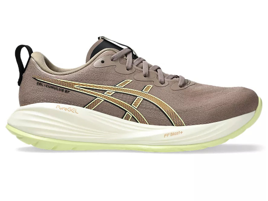 Men's Asics Gel-Cumulus 27. Brown upper. Off White midsole. Lateral view.