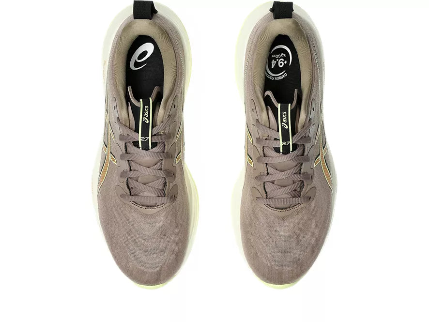 Men's Asics Gel-Cumulus 27. Brown upper. Off White midsole. Top view.