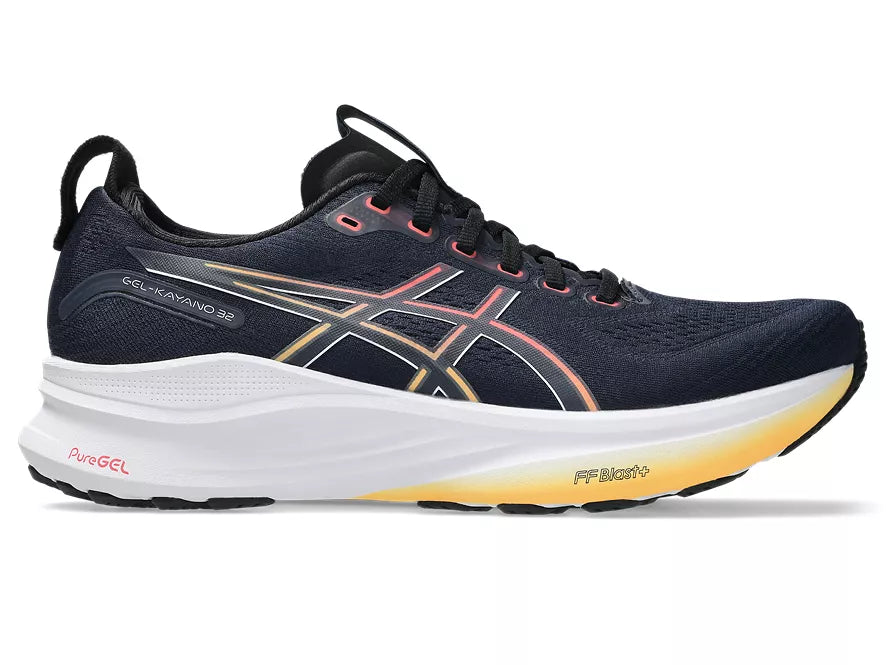 Men's Asics Gel-Kayano 32. Dark Blue/Grey upper. White midsole. Lateral view.