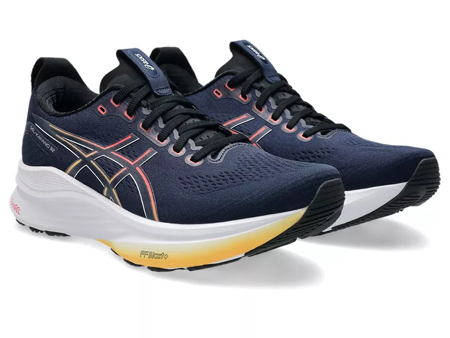 Men's Asics Gel-Kayano 32. Dark Blue/Grey upper. White midsole. Lateral view.