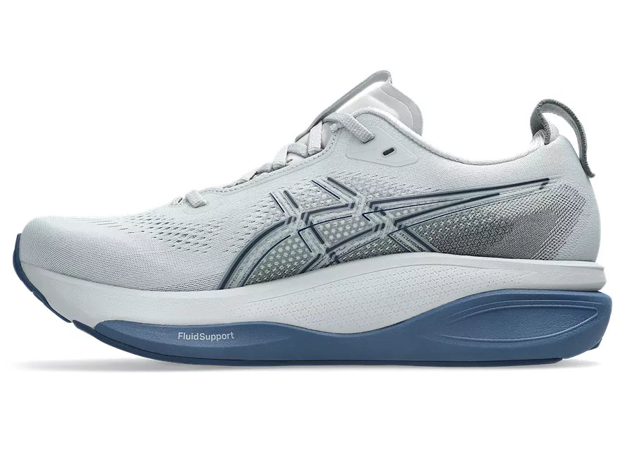 Men's Asics Gel-Kayano 33. Grey upper. Navy/White midsole. Medial view.