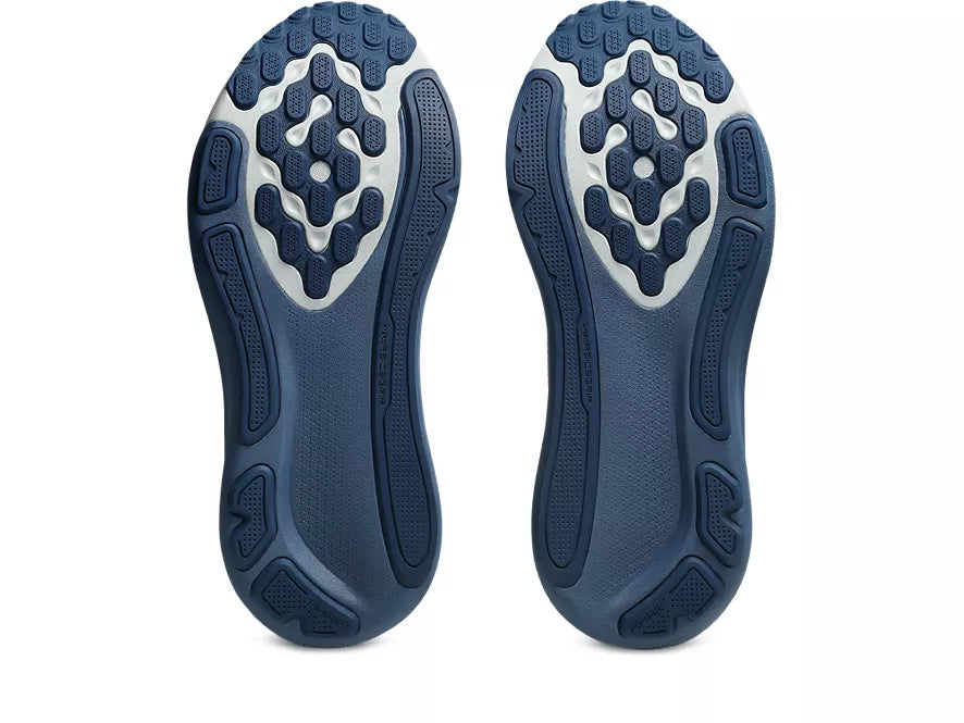 Men's Asics Gel-Kayano 33. Grey upper. Navy/White midsole. Bottom view.