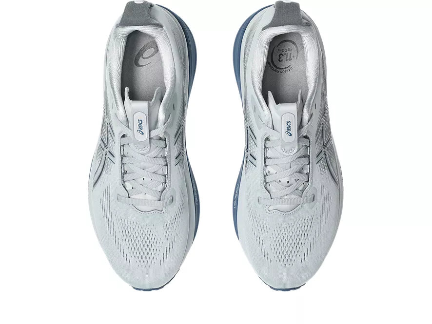 Men's Asics Gel-Kayano 33. Grey upper. Navy/White midsole. Top view.
