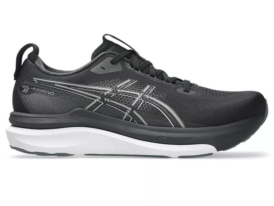 Men's Asics Gel-Kayano 33. Black upper. Black/White midsole. Lateral view.