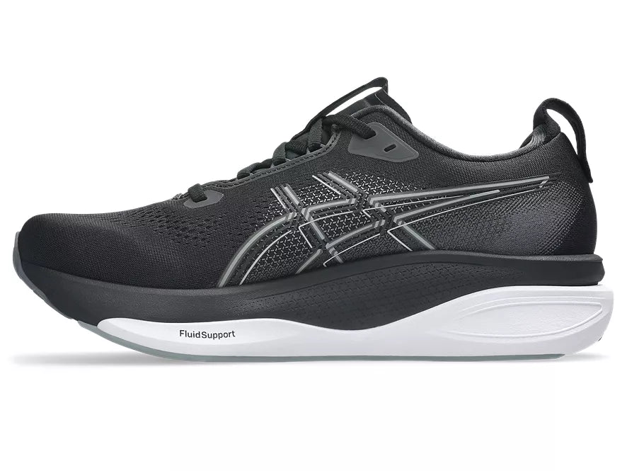 Men's Asics Gel-Kayano 33. Black upper. Black/White midsole. Medial view.