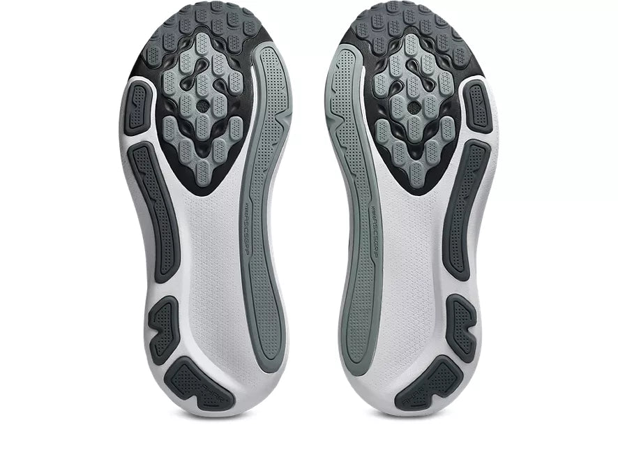 Men's Asics Gel-Kayano 33. Black upper. Black/White midsole. Bottom view.