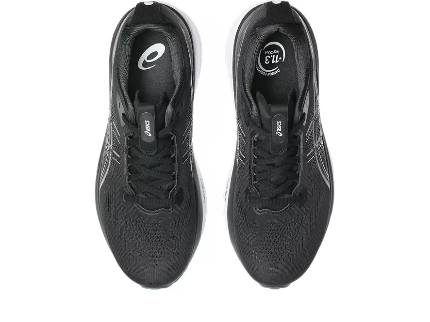 Men's Asics Gel-Kayano 33. Black upper. Black/White midsole. Top view.