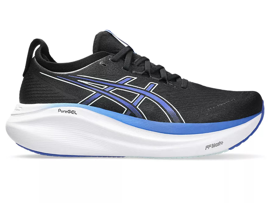 Men's Asics Gel-Nimbus 27. Black upper. White midsole. Lateral view.