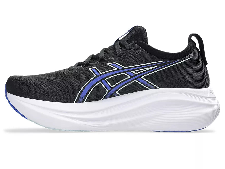 Men's Asics Gel-Nimbus 27. Black upper. White midsole. Medial view.