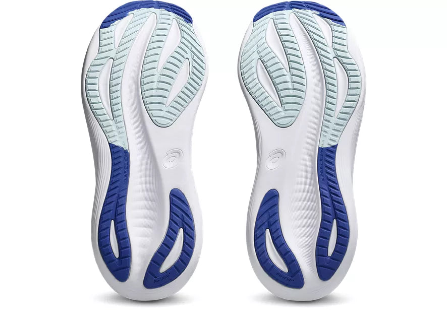 Men's Asics Gel-Nimbus 27. Black upper. White midsole. Bottom view.