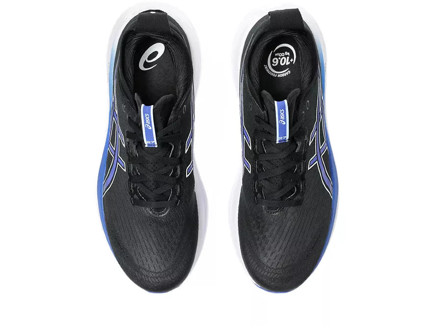 Men's Asics Gel-Nimbus 27. Black upper. White midsole. Top view.