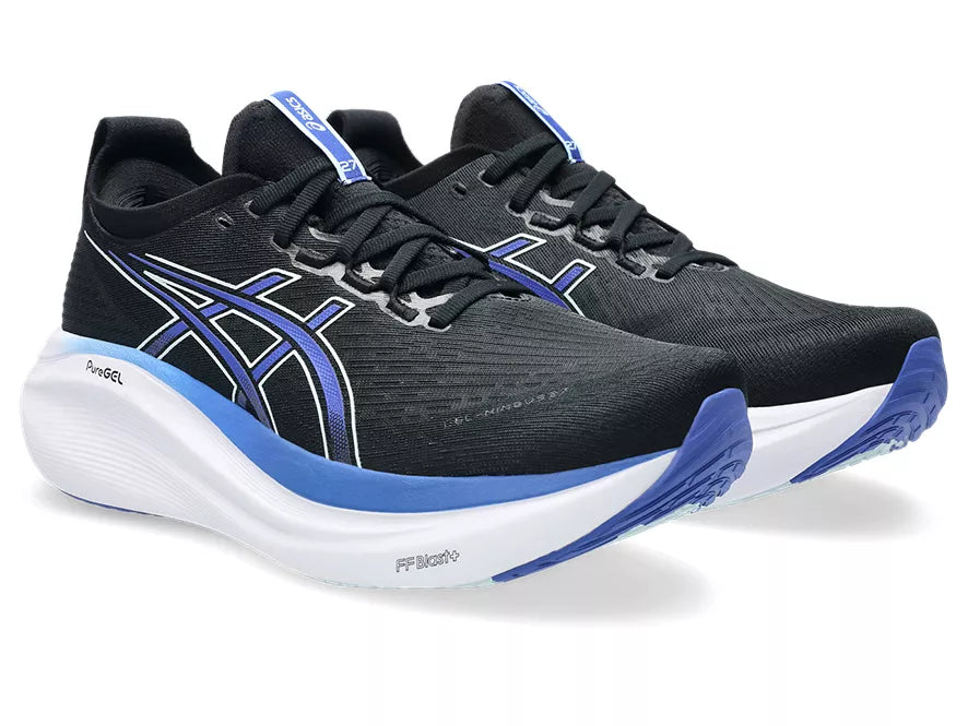 Men's Asics Gel-Nimbus 27. Black upper. White midsole. Lateral view.