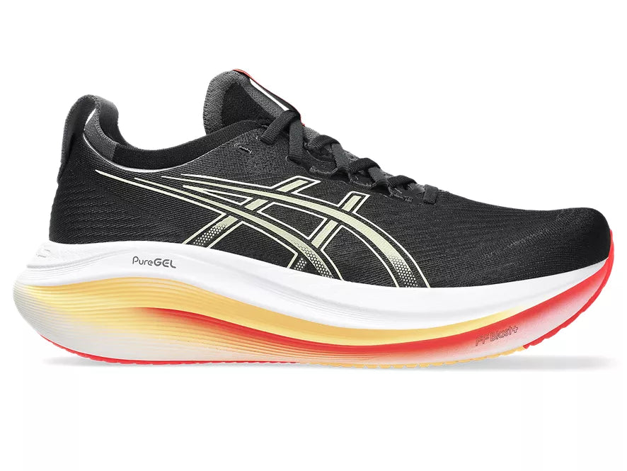 Men's Asics Gel-Nimbus 27. Black upper. White midsole. Lateral view.