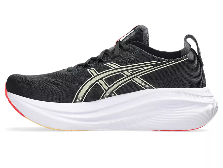 Men's Asics Gel-Nimbus 27. Black upper. White midsole. Medial view.