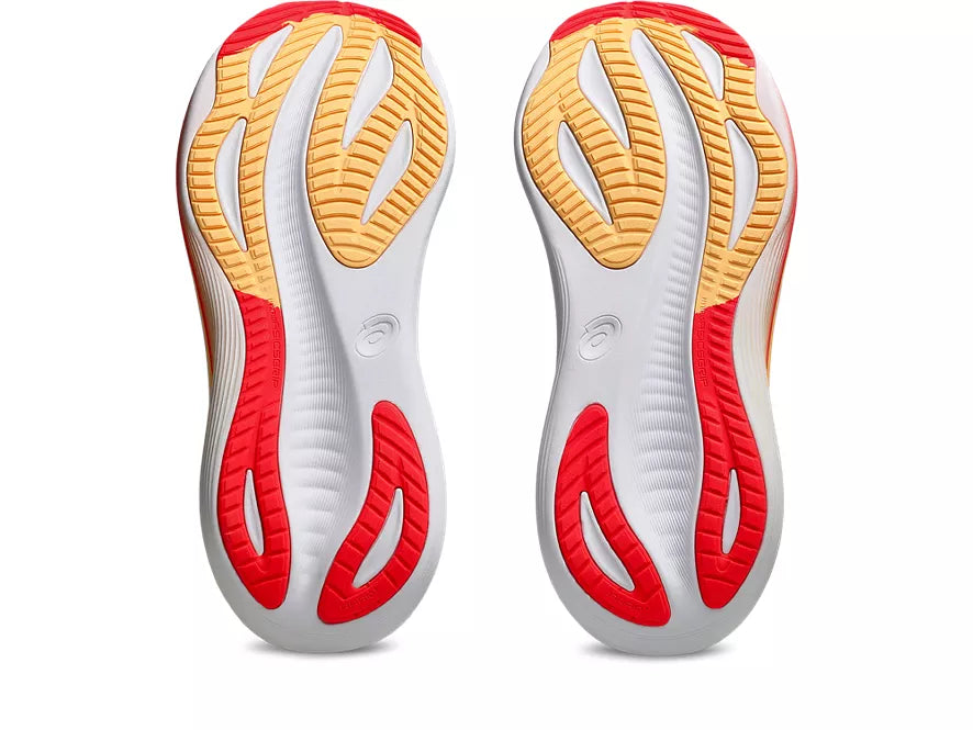 Men's Asics Gel-Nimbus 27. Black upper. White midsole. Bottom view.