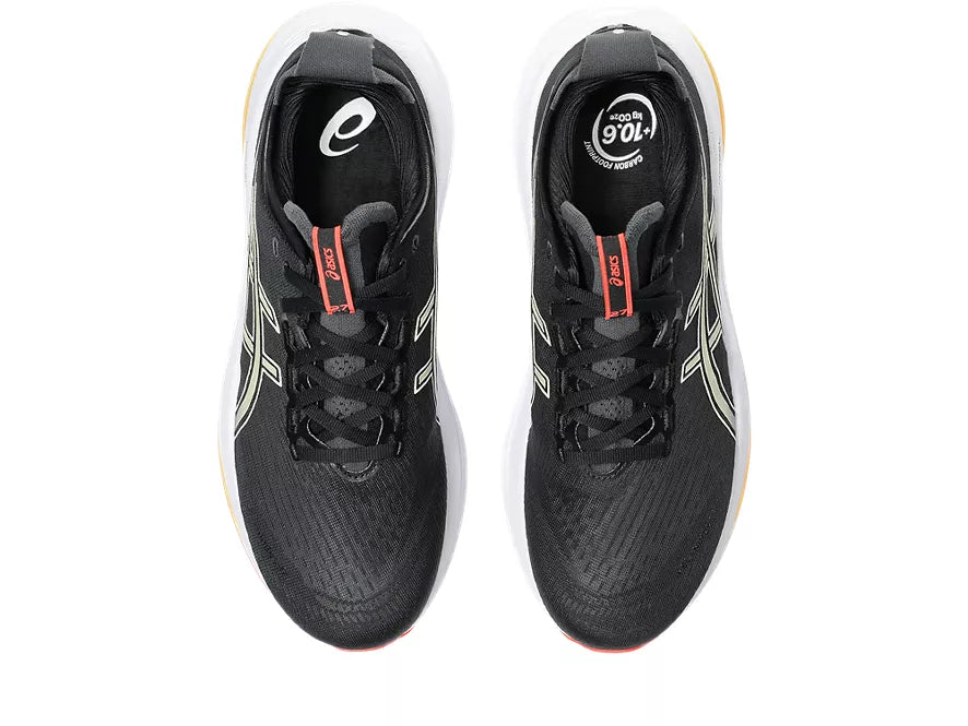 Men's Asics Gel-Nimbus 27. Black upper. White midsole. Top view.