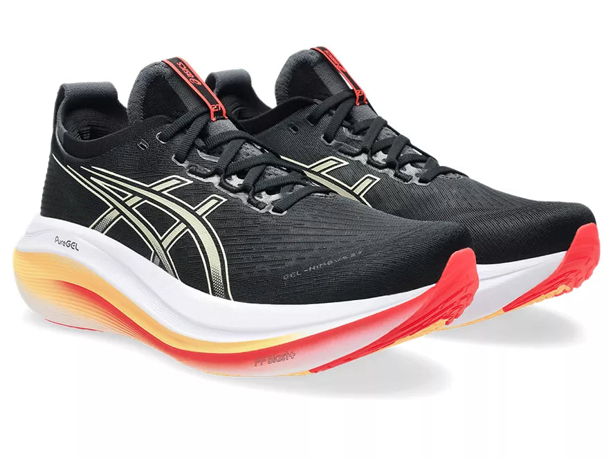 Men's Asics Gel-Nimbus 27. Black upper. White midsole. Lateral view.