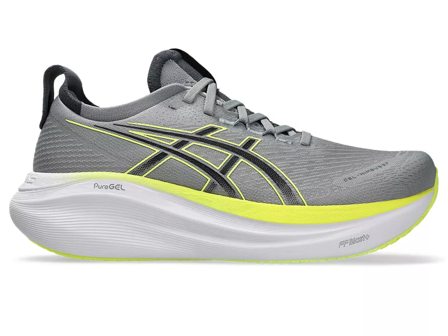 Men's Asics Gel-Nimbus 27. Grey upper. White midsole. Lateral view.