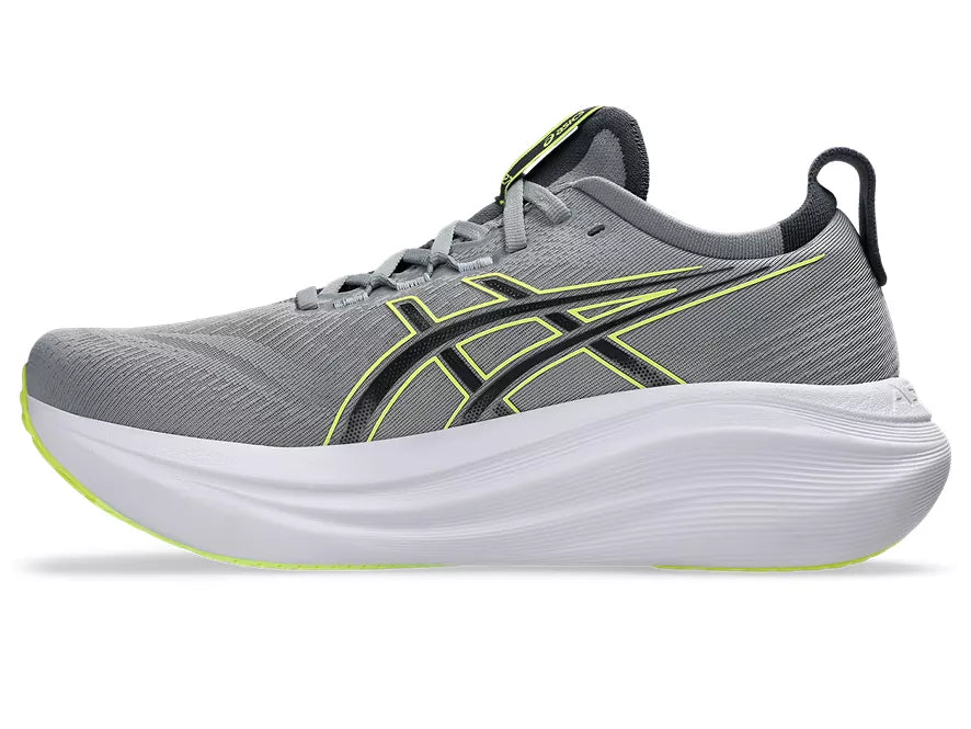 Men's Asics Gel-Nimbus 27. Grey upper. White midsole. Medial view.