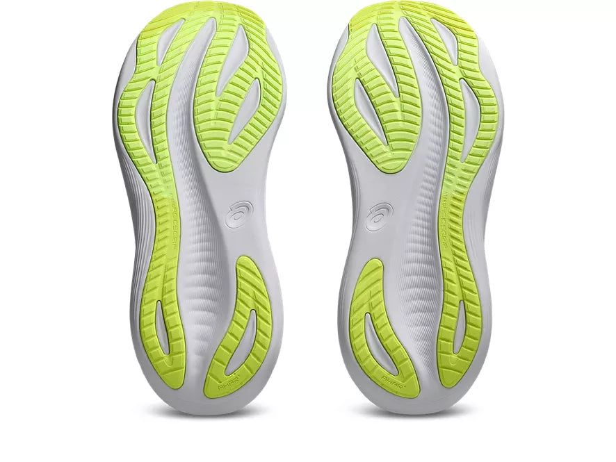 Men's Asics Gel-Nimbus 27. Grey upper. White midsole. Bottom view.