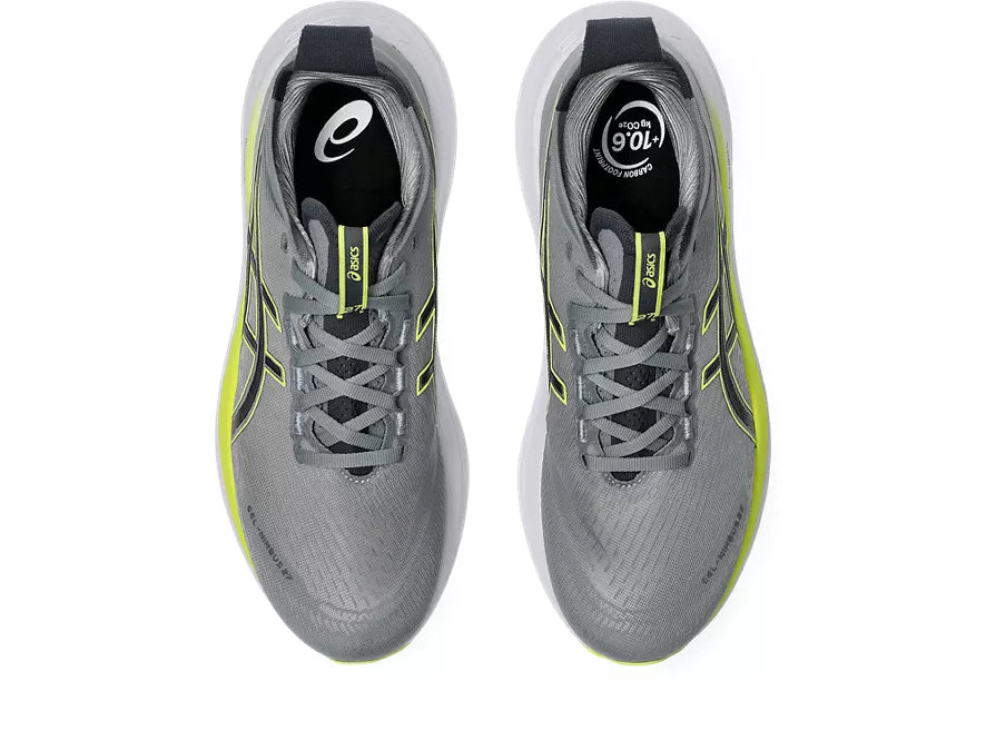 Men's Asics Gel-Nimbus 27. Grey upper. White midsole. Top view.