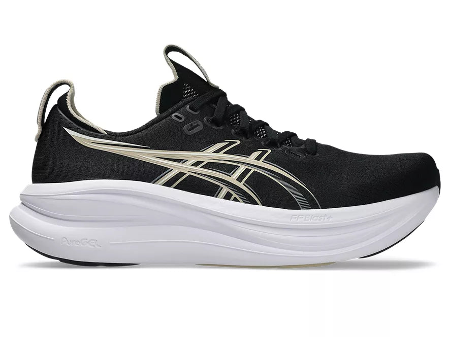 Men's Asics Gel-Nimbus 28. Black upper. White midsole. Lateral view.