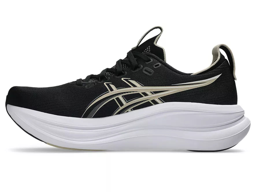 Men's Asics Gel-Nimbus 28. Black upper. White midsole. Medial view.