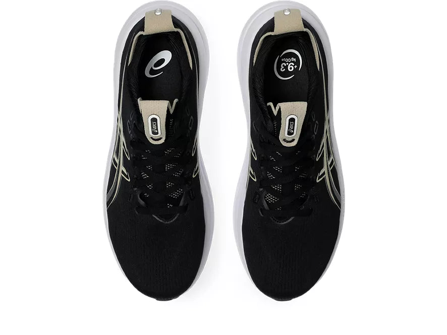 Men's Asics Gel-Nimbus 28. Black upper. White midsole. Top view.