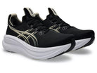 Men's Asics Gel-Nimbus 28. Black upper. White midsole. Lateral view.