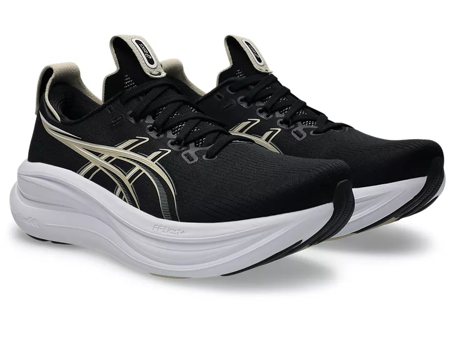 Men's Asics Gel-Nimbus 28. Black upper. White midsole. Lateral view.