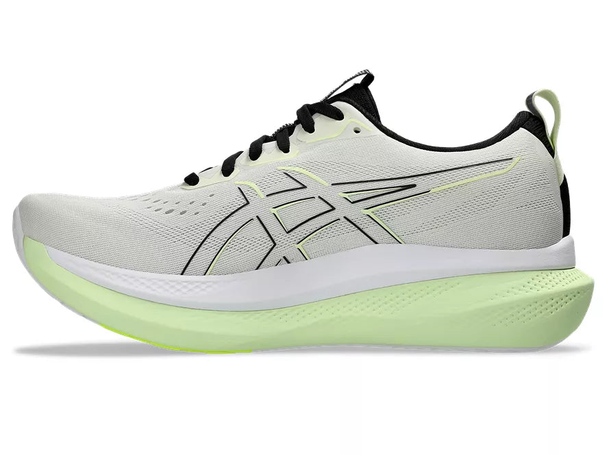 Men's Asics GlideRide Max. Off White upper. White/Yellow midsole. Medial view.