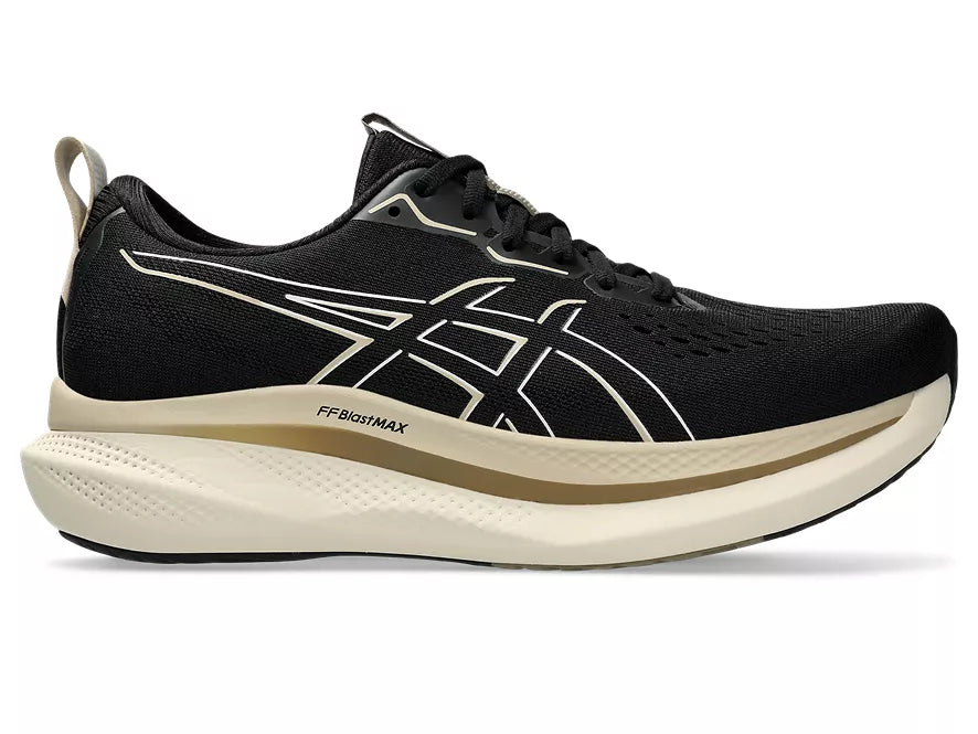 Men's Asics GlideRide Max. Black upper. Off White midsole. Lateral view.