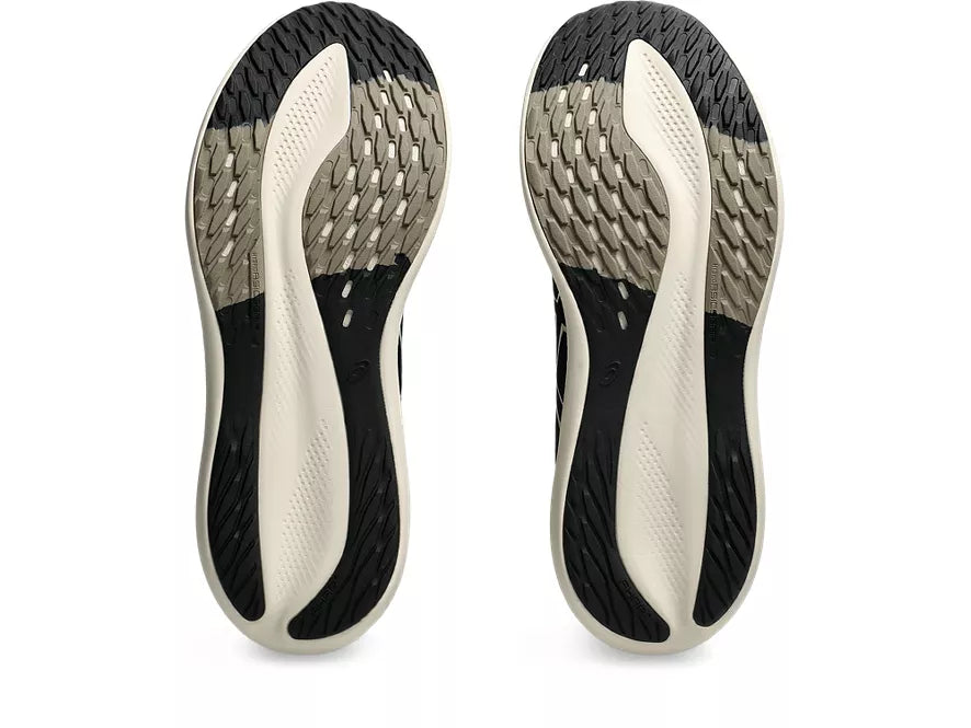 Men's Asics GlideRide Max. Black upper. Off White midsole. Bottom view.