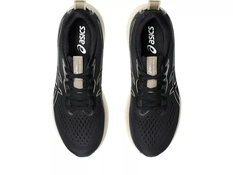 Men's Asics GlideRide Max. Black upper. Off White midsole. Top view.