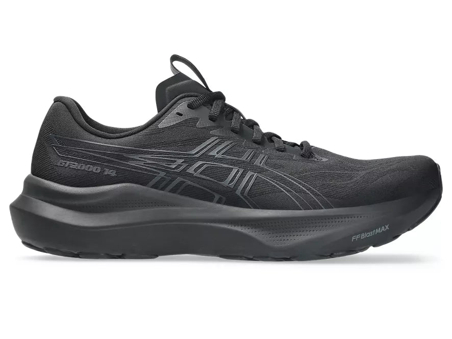 Men's Asics GT 2000 14. Black upper. Black midsole. Lateral view.