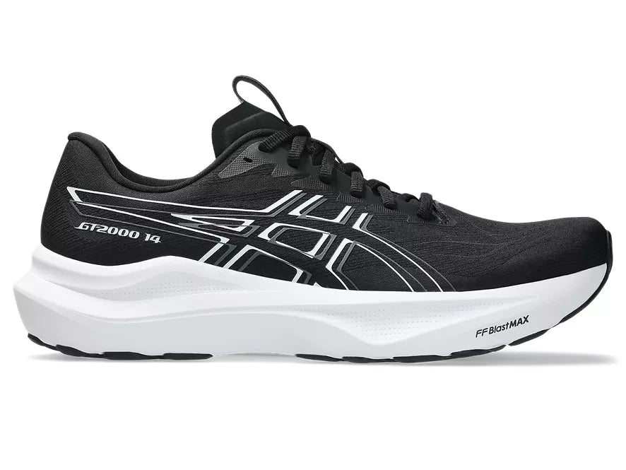 Men's Asics GT 2000 14. Black upper. White midsole. Lateral view.