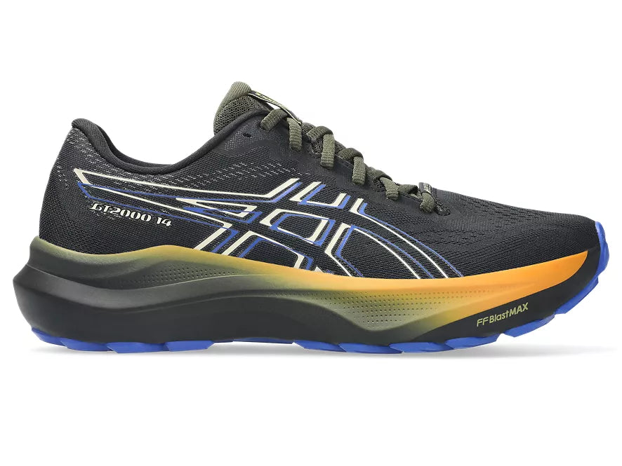 Men's Asics GT 2000 14 GT. Black upper. Black/Yellow midsole. Lateral view.