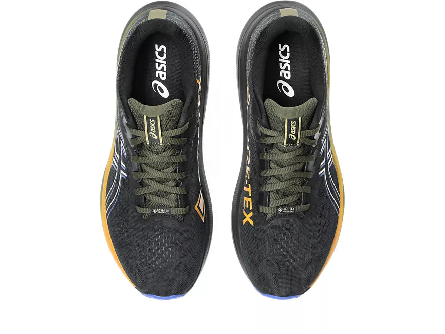 Men's Asics GT 2000 14 GT. Black upper. Black/Yellow midsole. Top view.