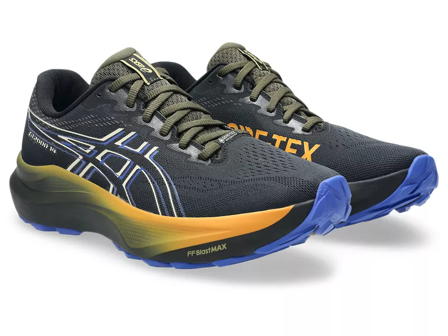Men's Asics GT 2000 14 GT. Black upper. Black/Yellow midsole. Lateral view.