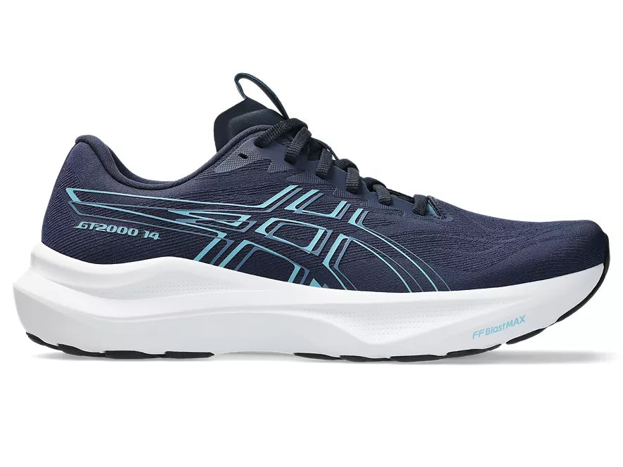 Men's Asics GT 2000 14. Dark Teal upper. White midsole. Lateral view.