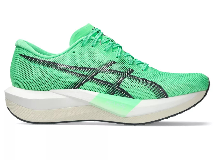 Men's Asics Magic Speed 5. Green upper. White midsole. Lateral view.